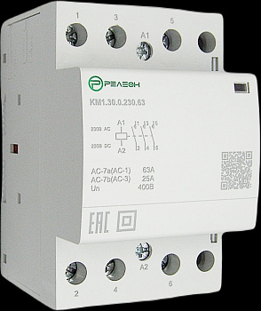 Модульный контактор 3НО контакта 63А (~/= 230В AC/DC)