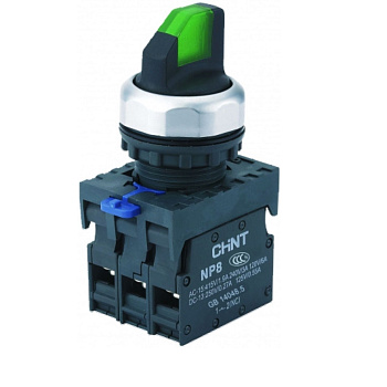 Переключатель с подсветкой NP8-11XD/213, 2 положения с фиксацией, 1НО+1НЗ зелёная AC110В-230В(LED) IP65 (R)(CHINT)