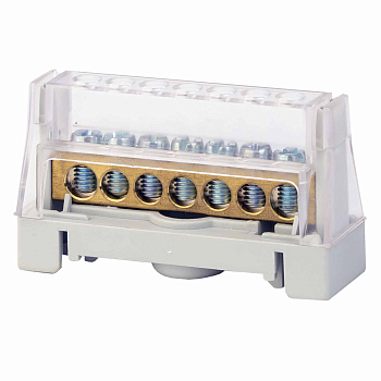 Шина латунная в корпусе на DIN рейку 1 полюс до 63A 9конт. под сеч. 16кв.мм, 2конт. под сеч. 25кв.мм, зеленая