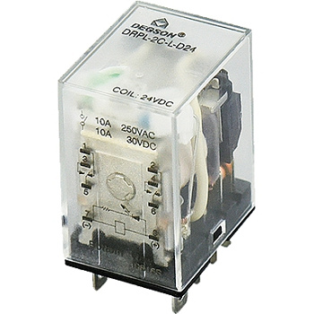 DRPL-2C-L-D24-02A(H) Реле промежуточное, Тип контактов: 2CO; Номинальный ток 10А; Напряжение управления: 24V DC; Материал контактов: AgNi; Опции: LED индикатор