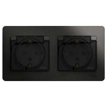 GLOSSA РОЗЕТКА двойная с заземлением, со шторками, в сборе, IP44, АНТРАЦИТ