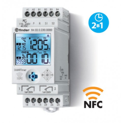 Электронный таймер мультифункциональный (25 функций); 2 независимых канала 1CO (16A) + 1CO (16A);  питание 110…240В АС/DC; дисплей с подсветкой; два режима программирования: NFC или классический; регулировка времени от 0.1с. до 9999ч.; упаковка 1шт.