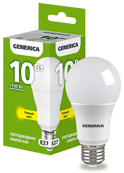 Лампа LED A60 груша 10Вт 230В 3000К E27 GENERICA