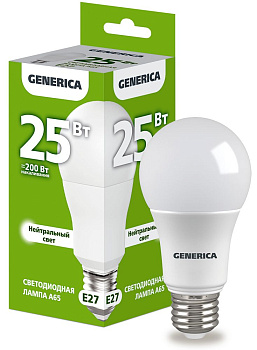 Лампа LED A65 груша 25Вт 230В 4000К E27 GENERICA Лампа LED A65 груша 25Вт 230В 4000К E27 GENERICA