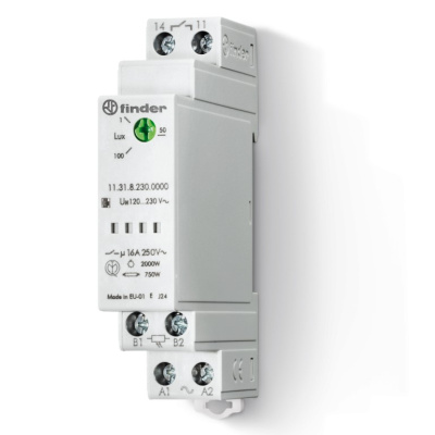 Фотореле модульное с фотоэлементом 011.02; монтаж на рейку 35мм; 1NO 16A; питание 24В АC/DC; настройка чувствит. 1…100люкс; ширина 17.5мм; степень защиты: фотореле IP20, фотоэлемент IP54