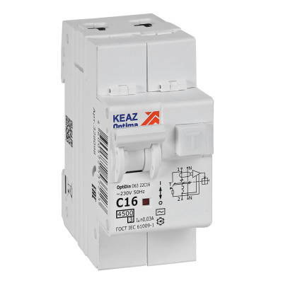 АВДТ с защитой от сверхтоков OptiDin D63-22C16-AC-У3 (2P, C16, 30mA, 4,5кА)